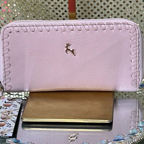 Atwood Leather Handbags - Atwood Leather Blush Pink Zip-Around Wallet w/Deer Logo Approx. 7.5 x 4